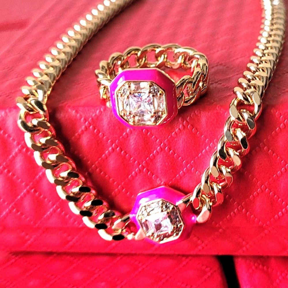 New Geometric Design Hot Pink Set Premium Cubic Zirconia Necklace Chain Ring